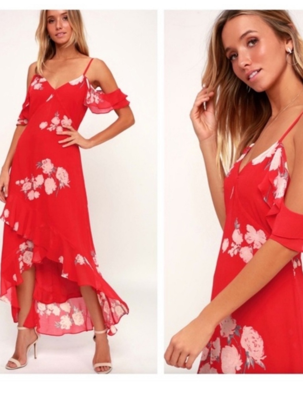 NWT Lulu's love in bloom Red Floral Cold-Shoulder High-Low Dress
